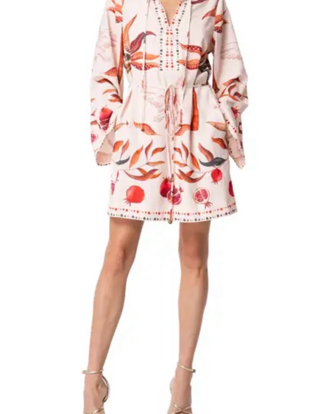 Tie-Waist Long Sleeve Mini Dress in White with Orange-Pink Botanical Print